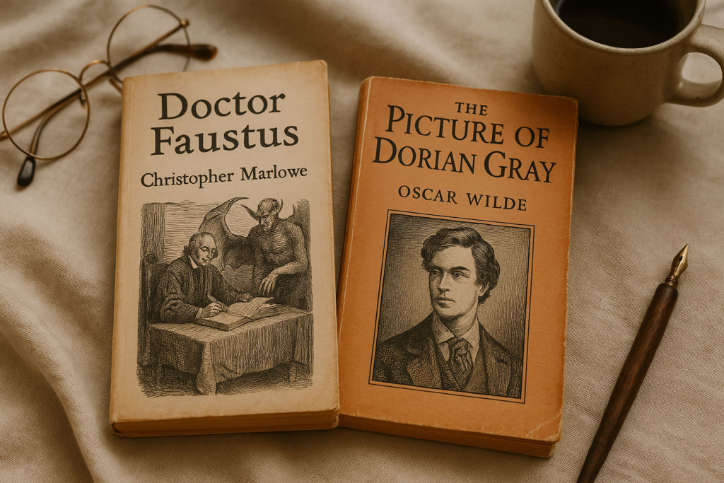 Vintage paperback editions of Doctor Faustus by Christopher Marlowe and The Picture of Dorian Gray by Oscar Wilde placed on a soft beige fabric, accompanied by round eyeglasses, a ceramic mug, and a wooden fountain pen in warm natural lighting, creating an aesthetic literary atmosphere.