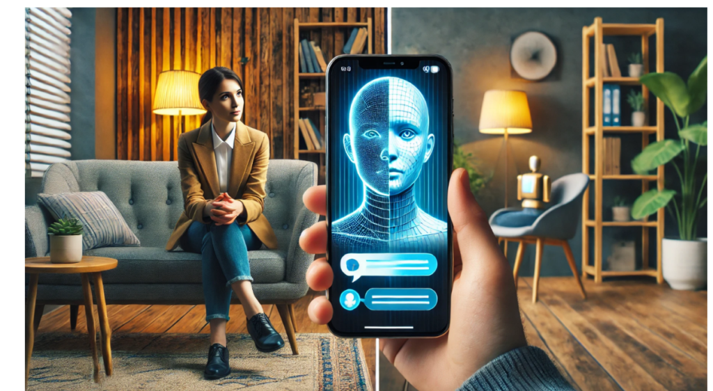 A comparison between a human therapist and an AI-powered mental health chatbot.
