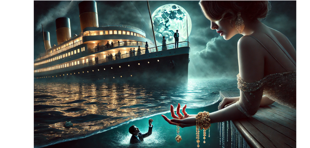 A large ship sinking into the ocean at sunset, symbolizing the sunk cost fallacy—when people continue investing in a failing endeavor instead of cutting their losses.