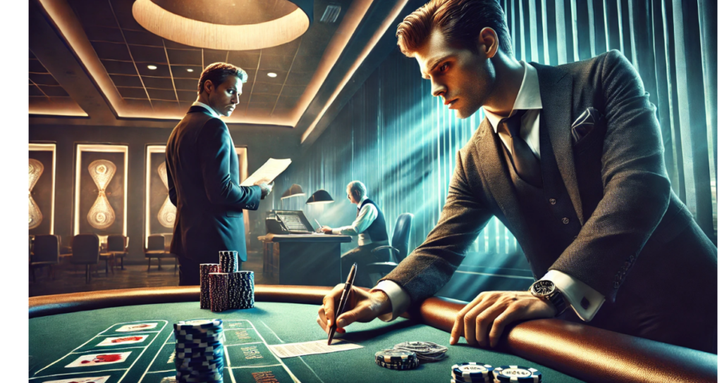 A gambler at a casino, intensely focused on a slot machine, celebrating a small win while ignoring overall losses—illustrating the Fey Effect in gambling psychology.
