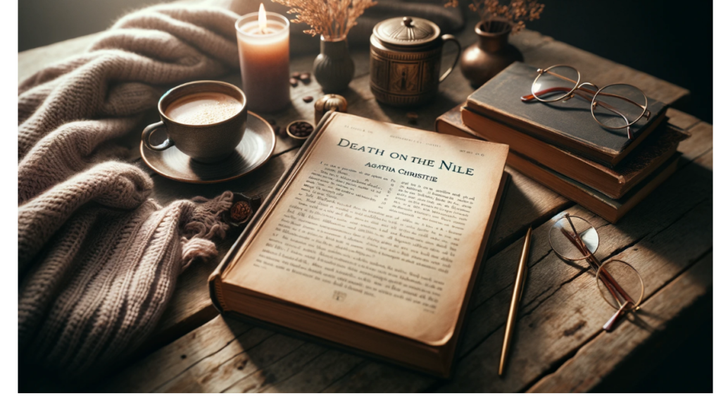 An open copy of Agatha Christie's Death on the Nile resting on a wooden table, surrounded by moody lighting and vintage dark academia decor.