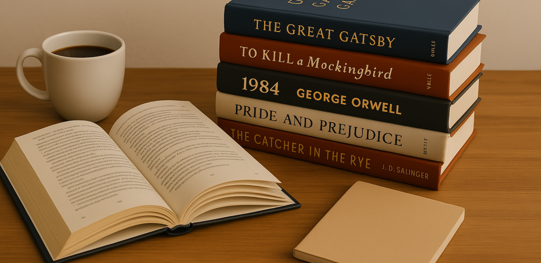 Timeless Classics: Aesthetic Book Stack with Coffee and Open Novel