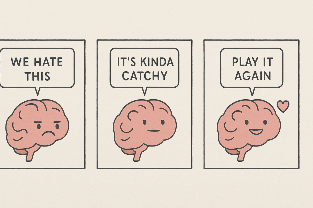 title="The Brain’s Changing Mind – How Familiarity Turns Dislike into Obsession" A three-panel digital comic featuring a pink brain character shifting its thoughts about a song from “We hate this” to “It’s kinda catchy” to “Play it again.”