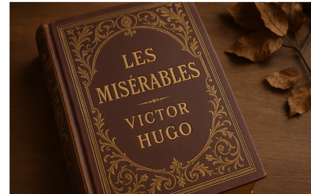 Realistic photograph of Victor Hugo's Les Misérables vintage hardcover book with ornate gold detailing on a burgundy cover, placed on a rustic wooden table with soft natural lighting and artistic blur for an antique aesthetic.