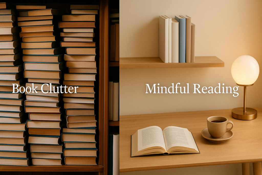 Split image showing cluttered bookshelf versus a minimalist reading setup with tea and open book – visualizing Tsundoku versus mindful reading