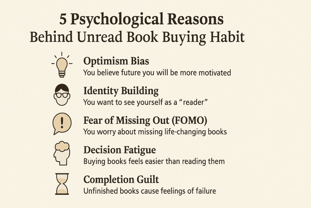 Infographic explaining 5 psychological reasons behind unread book buying habits including optimism bias, FOMO, and identity building
