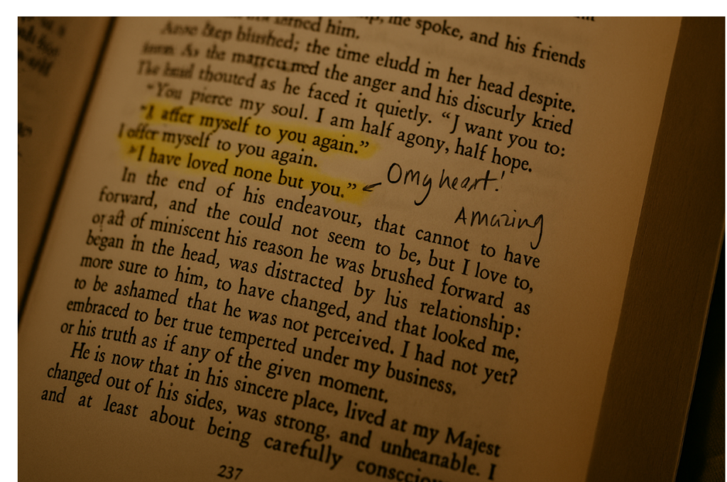 Close-up of a novel page from Jane Austen’s Persuasion with handwritten notes and highlighted lines — symbolizing emotional resonance and fictional character attachment.
