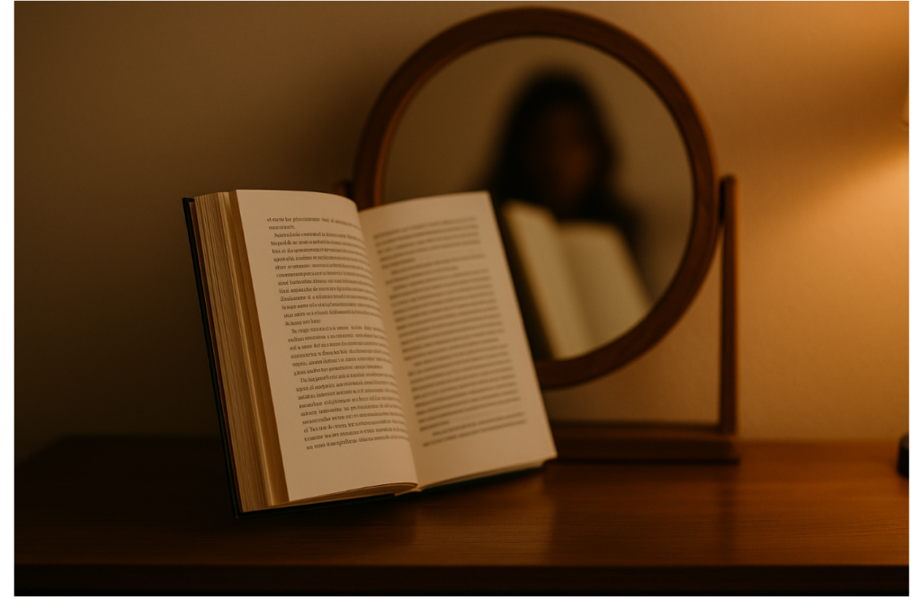 Open hardcover book on a wooden desk in front of a round mirror reflecting its pages and a blurred figure — symbolizing self-reflection and emotional connection through fictional characters.
