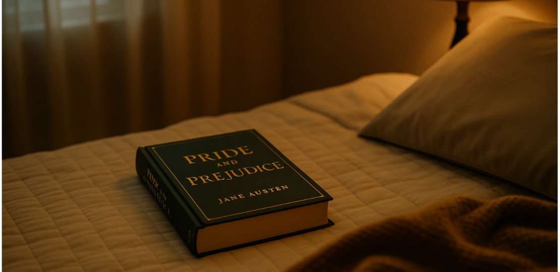 pride-and-prejudice-hardcover-book-on-bed-nighttime-reading-scene