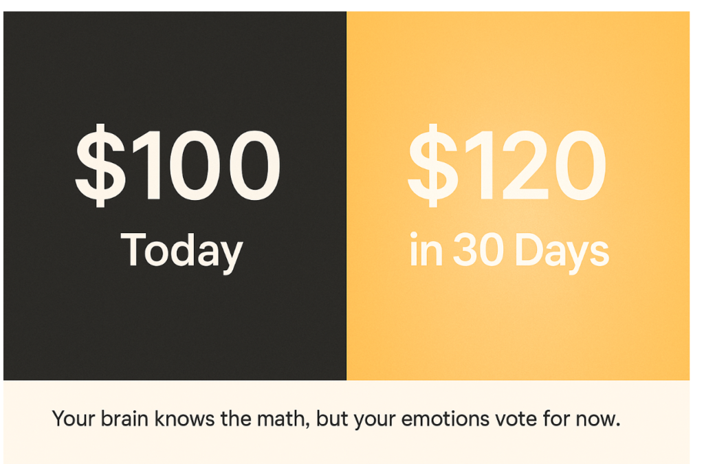 Side-by-side visual comparison of $100 today versus $120 in 30 days, illustrating delay discounting and present bias in decision-making.