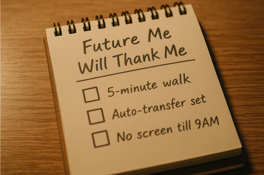 Checklist titled “Future Me Will Thank Me” featuring small daily habits like “5-minute walk,” “Auto-transfer set,” and “No screen till 9AM” — illustrating actionable strategies to reduce delay discounting.
